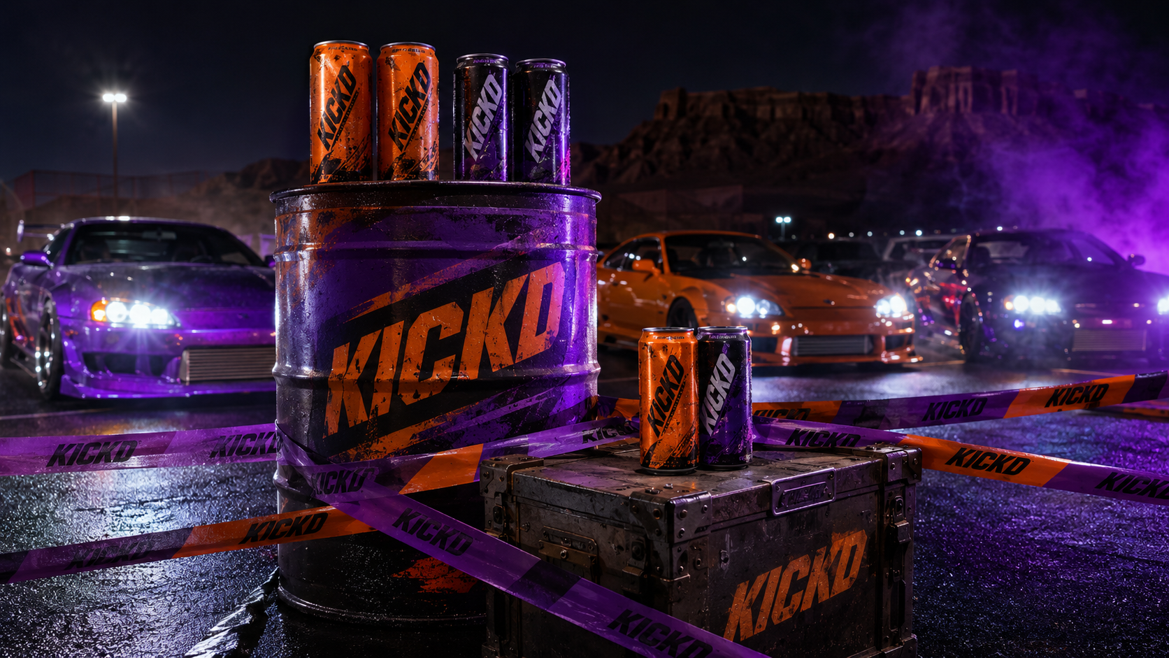 KICKD crash-site concept at a nighttime Utah car meet